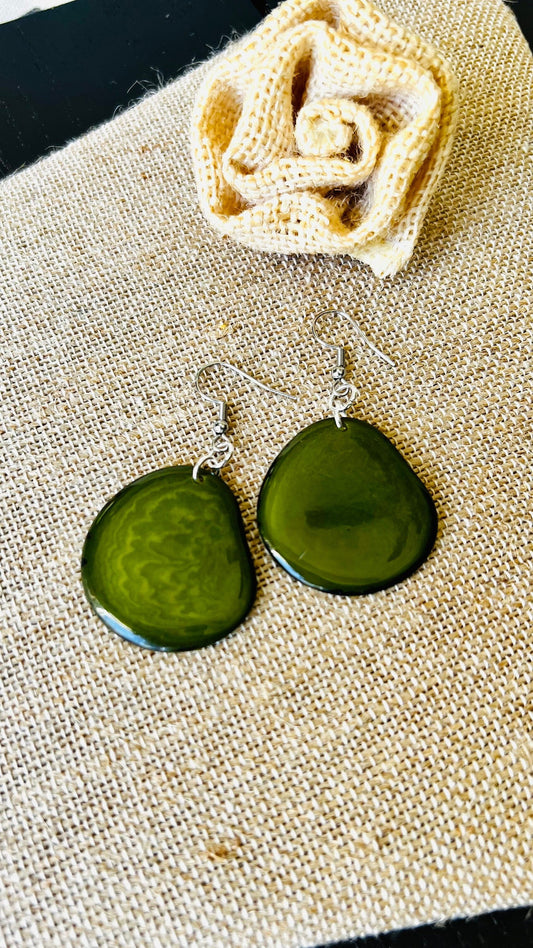 Olive green statement earrings Tagua jewelry Spring fashion trends Birthday present for women Handmade beads from Ecuador Long chunky drop