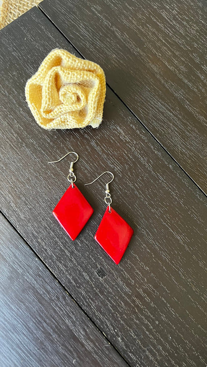 Red Tagua earrings Geometric drops Lightweight earrings Long beaded dangles Easter basket gifts under 15 Anniversary gift ideas for wife