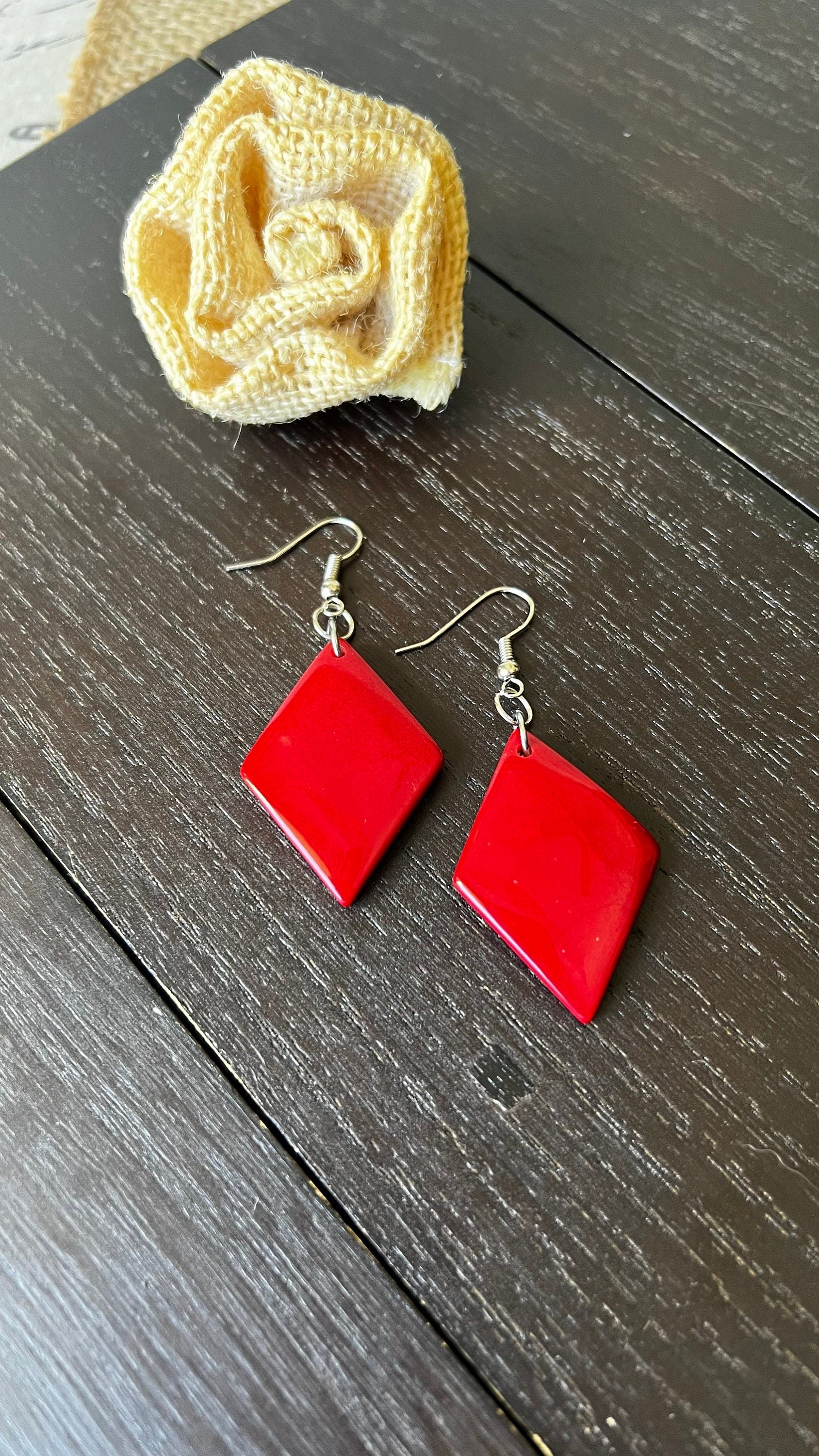 Red Tagua earrings Geometric drops Lightweight earrings Long beaded dangles Easter basket gifts under 15 Anniversary gift ideas for wife