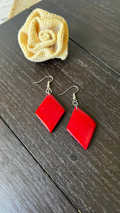 Red Tagua earrings Geometric drops Lightweight earrings Long beaded dangles Easter basket gifts under 15 Anniversary gift ideas for wife