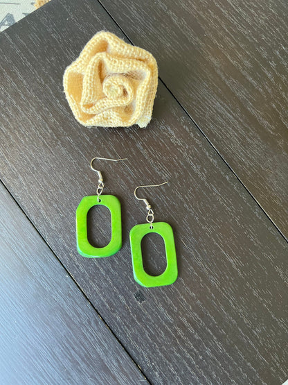 Green geometric earrings Tagua nut jewelry Mod boho earrings Rectangle jewelry Long statement dangles Artisan handmade Beach fashion style