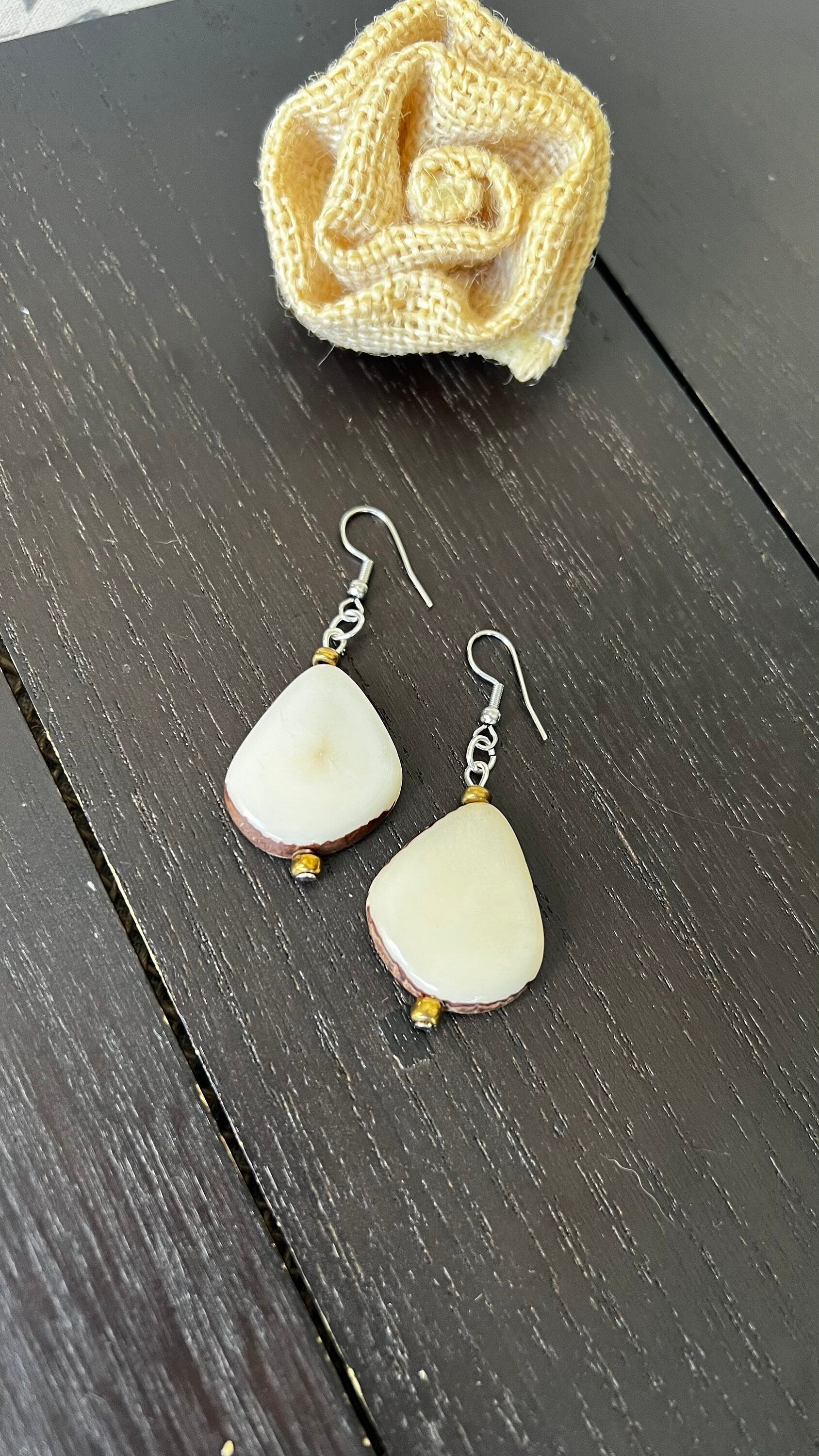 Ivory white Tagua earrings Geometric drops Lightweight earrings Long beaded dangles Gifts under 15 Custom jewelry Anniversary gifts