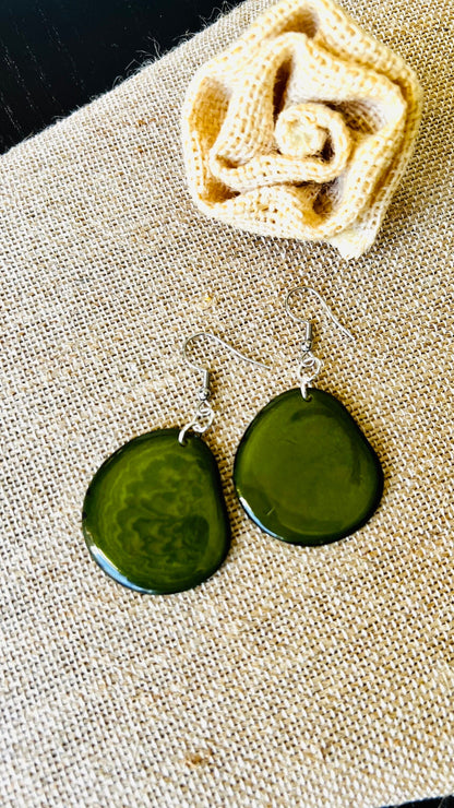 Olive green statement earrings Tagua jewelry Spring fashion trends Birthday present for women Handmade beads from Ecuador Long chunky drop