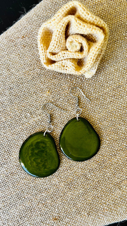 Olive green statement earrings Tagua jewelry Spring fashion trends Birthday present for women Handmade beads from Ecuador Long chunky drop