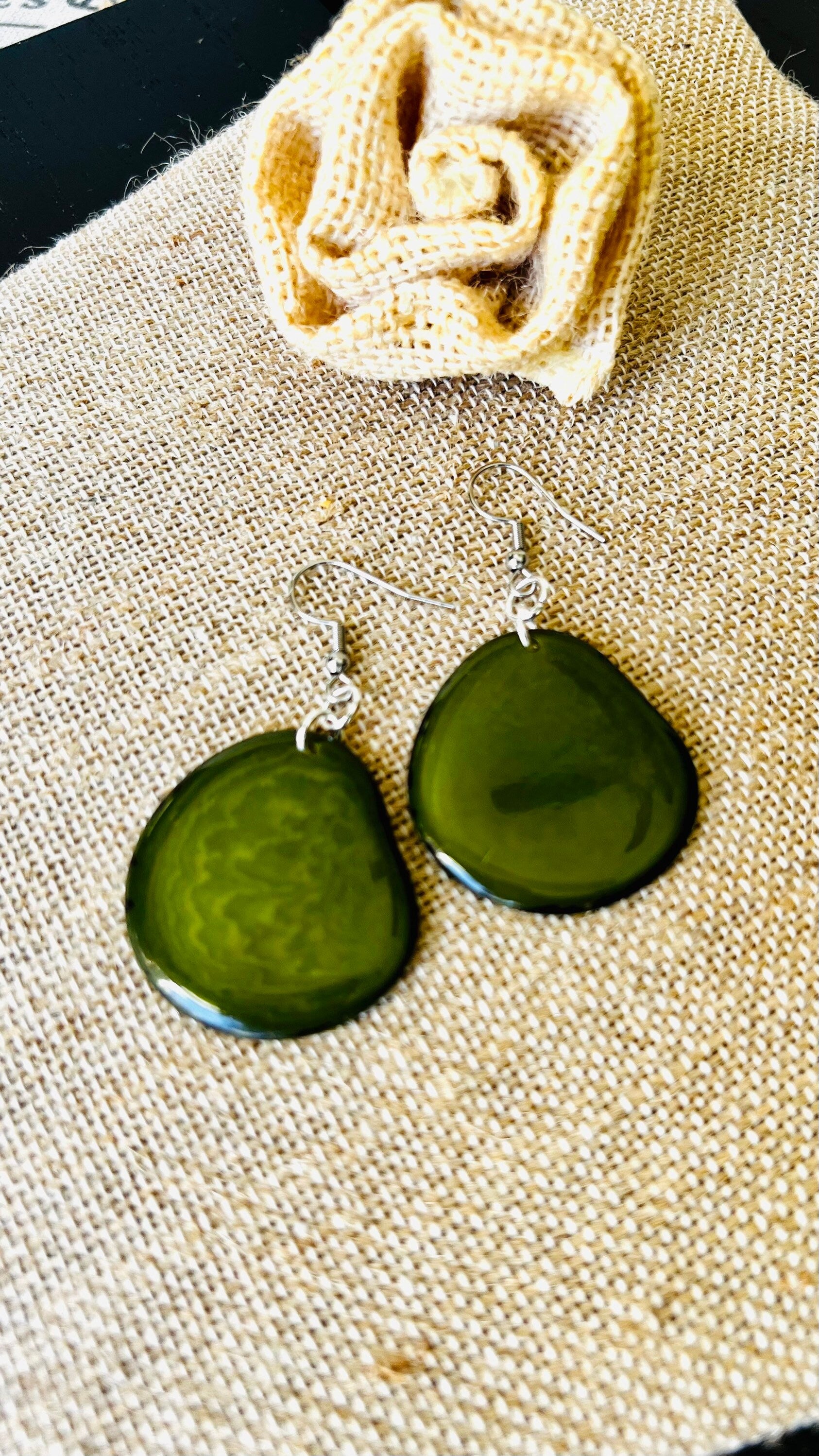 Olive green statement earrings Tagua jewelry Spring fashion trends Birthday present for women Handmade beads from Ecuador Long chunky drop