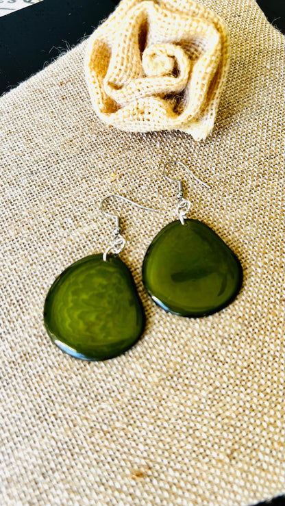 Olive green statement earrings Tagua jewelry Spring fashion trends Birthday present for women Handmade beads from Ecuador Long chunky drop