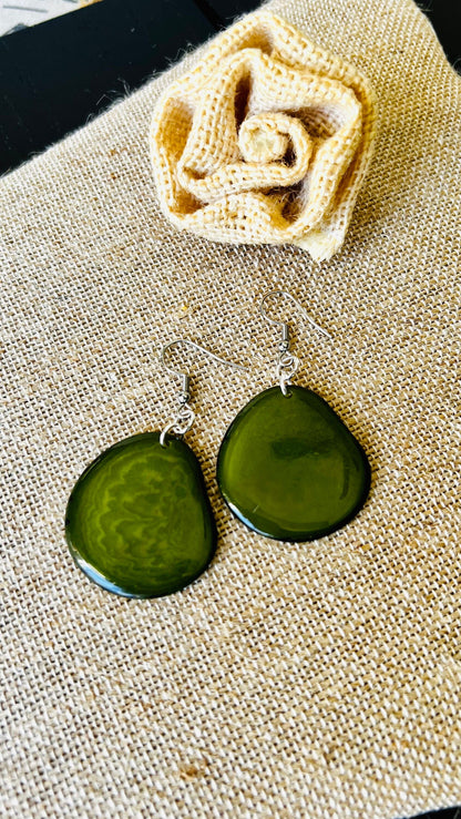 Olive green statement earrings Tagua jewelry Spring fashion trends Birthday present for women Handmade beads from Ecuador Long chunky drop