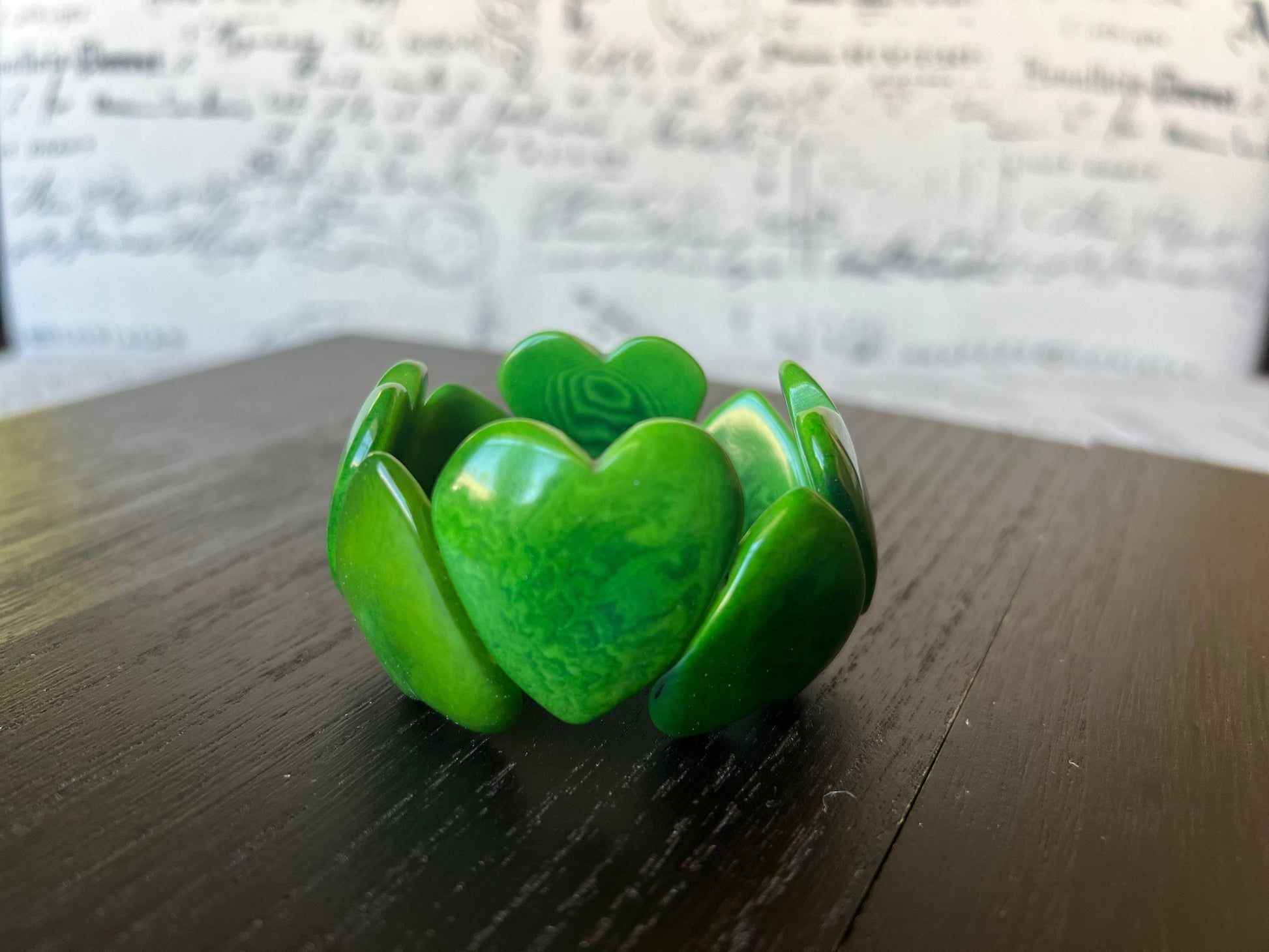 Green heart shaped beads bracelet Tagua jewelry Fall fashion trends Love bangle Anniversary gift under 20 Beach style Girlfriend birthday