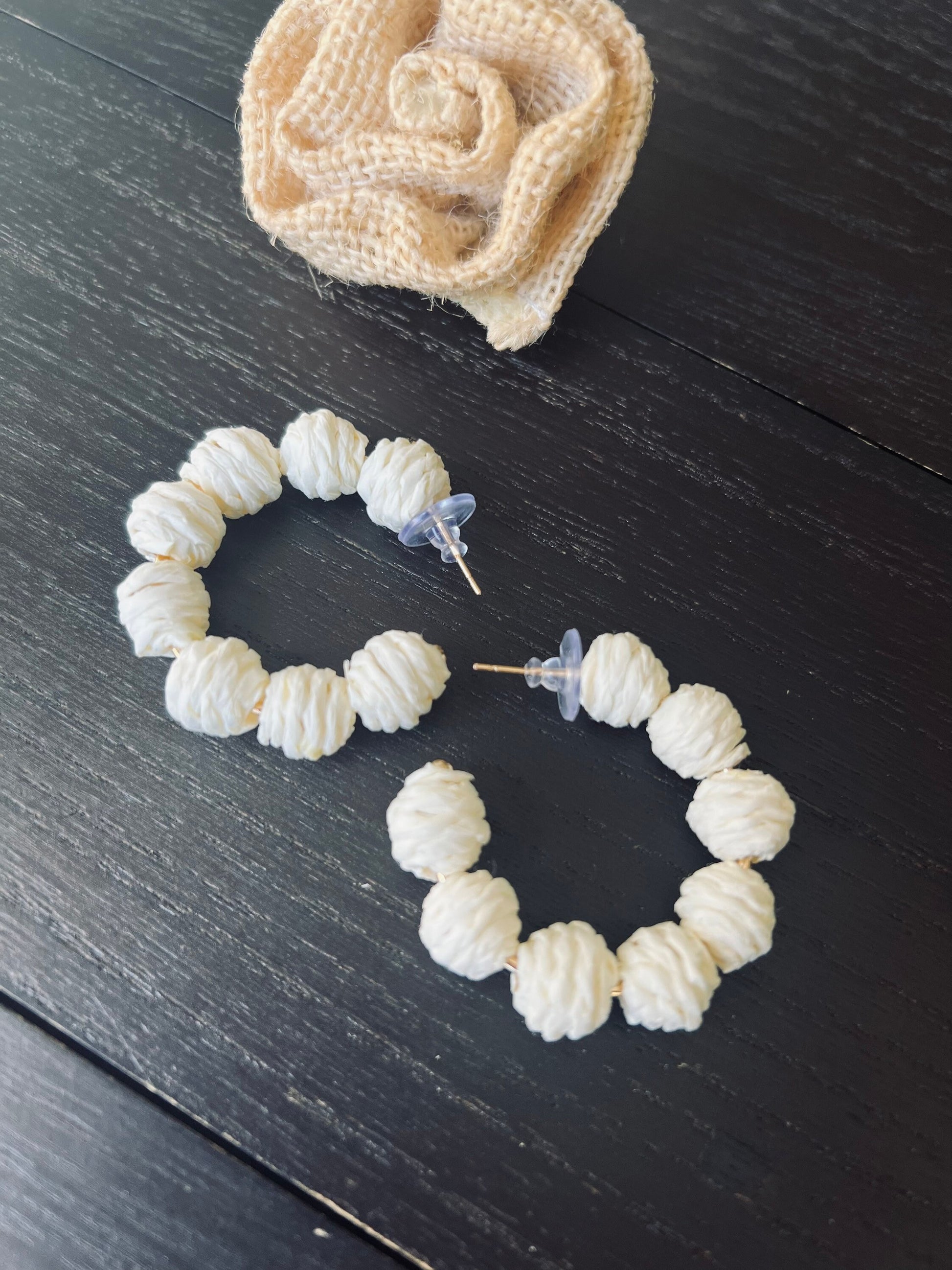 Ivory white hoop earrings Statement rafia earrings Anniversary gift for wife Fall trend Beach trendy style 14 year wedding anniversary gifts