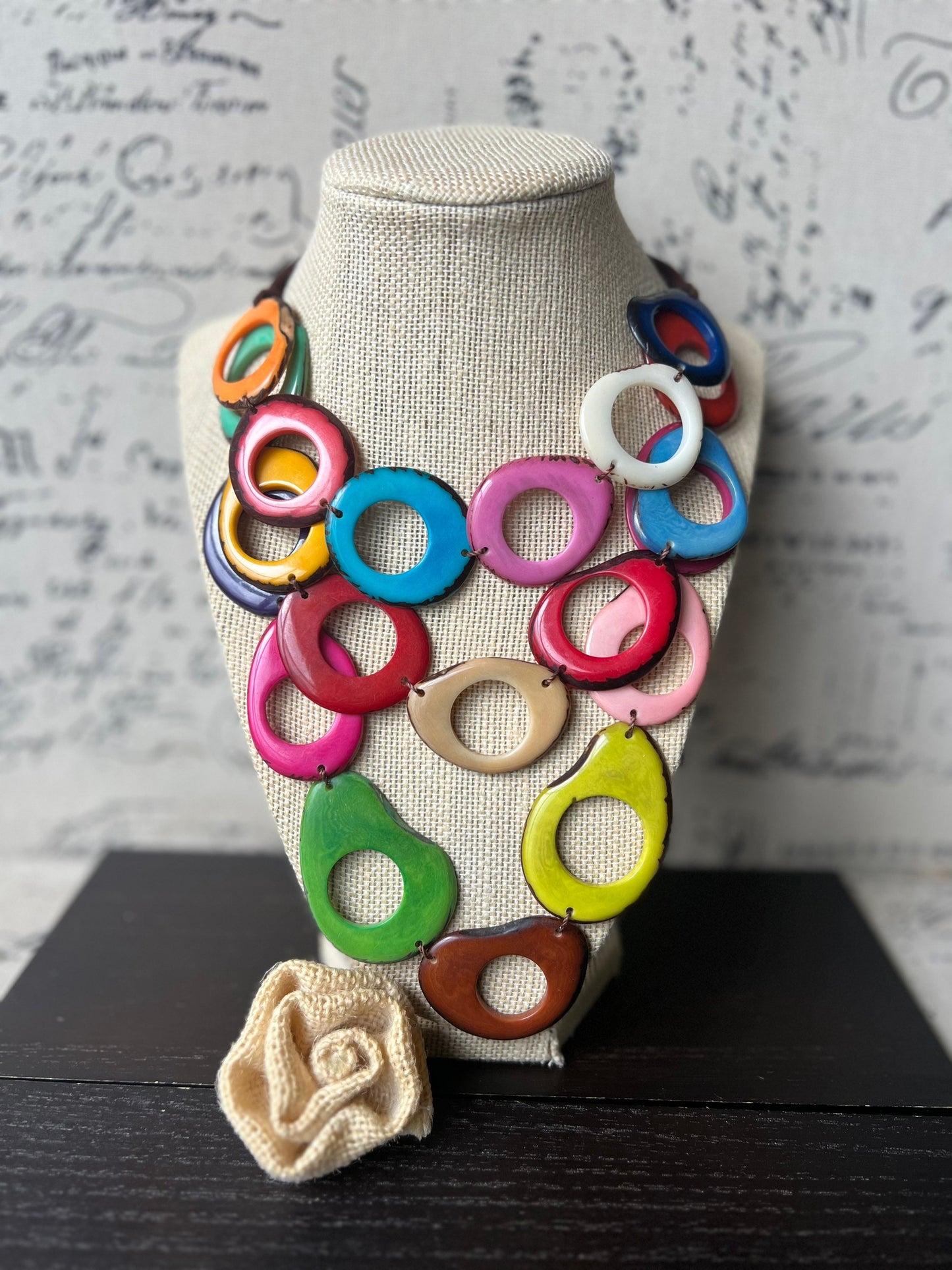 Triple Beaded Tagua Necklace Chunky statement rainbow necklace Big beaded necklace Three layered collar 3 multi strands lightweight necklace