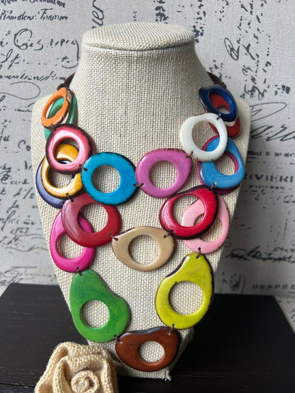Triple Beaded Tagua Necklace Chunky statement rainbow necklace Big beaded necklace Three layered collar 3 multi strands lightweight necklace