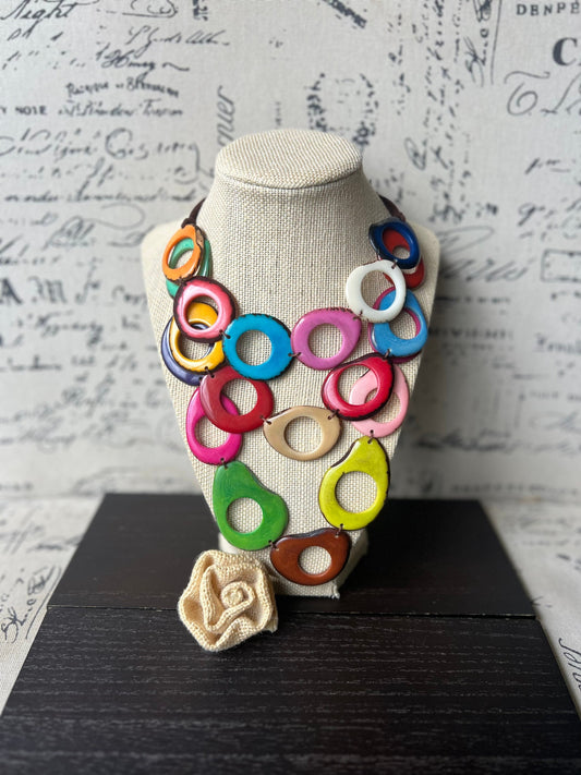 Triple Beaded Tagua Necklace Chunky statement rainbow necklace Big beaded necklace Three layered collar 3 multi strands lightweight necklace