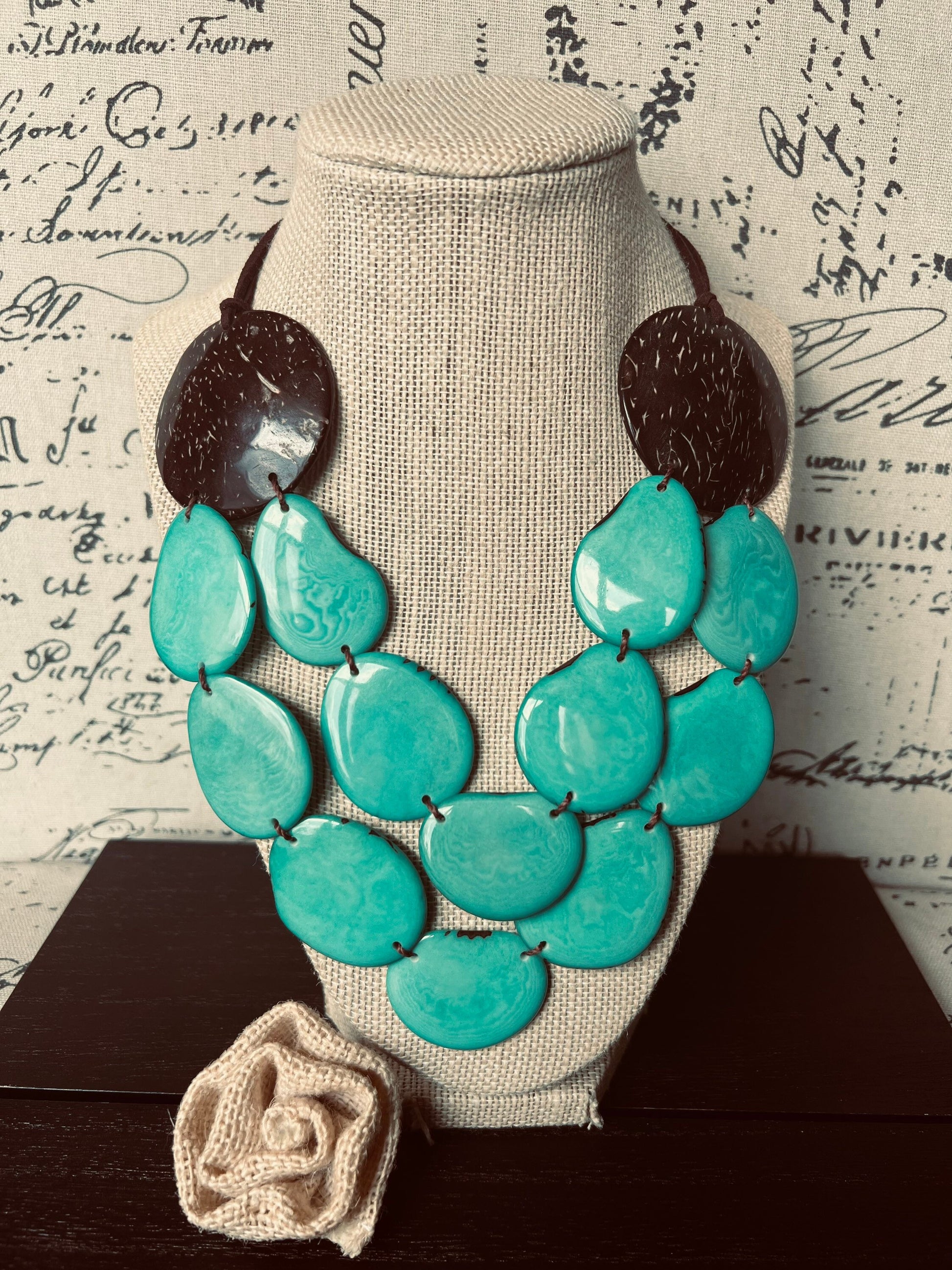Turquoise green statement necklace Tagua jewelry with coconut shell accent Big bold chunky necklace Fall fashion trends Double layer bib