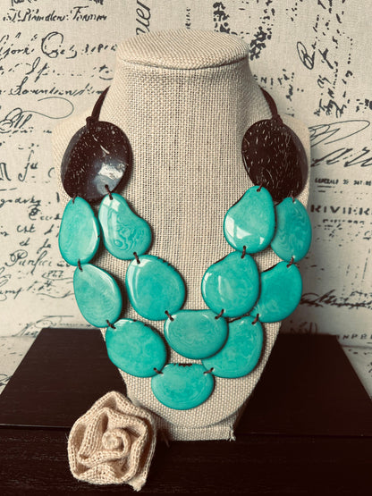 Turquoise green statement necklace Tagua jewelry with coconut shell accent Big bold chunky necklace Fall fashion trends Double layer bib