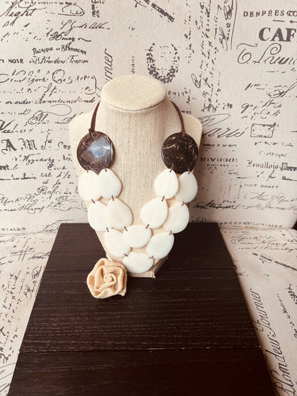 Ivory white statement necklace Tagua jewelry with coconut shell accent Big bold chunky necklace Fall fashion trend Double layer Lightweight