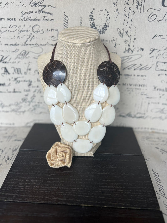 Ivory white statement necklace Tagua jewelry with coconut shell accent Big bold chunky necklace Fall fashion trend Double layer Lightweight