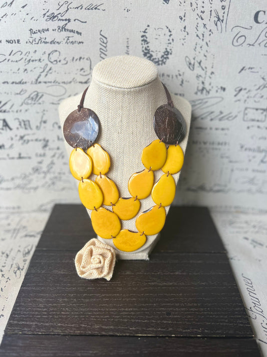 Yellow statement necklace Tagua jewelry with coconut shell accent Big bold chunky necklace Fall fashion trends Double layer bib Lightweight