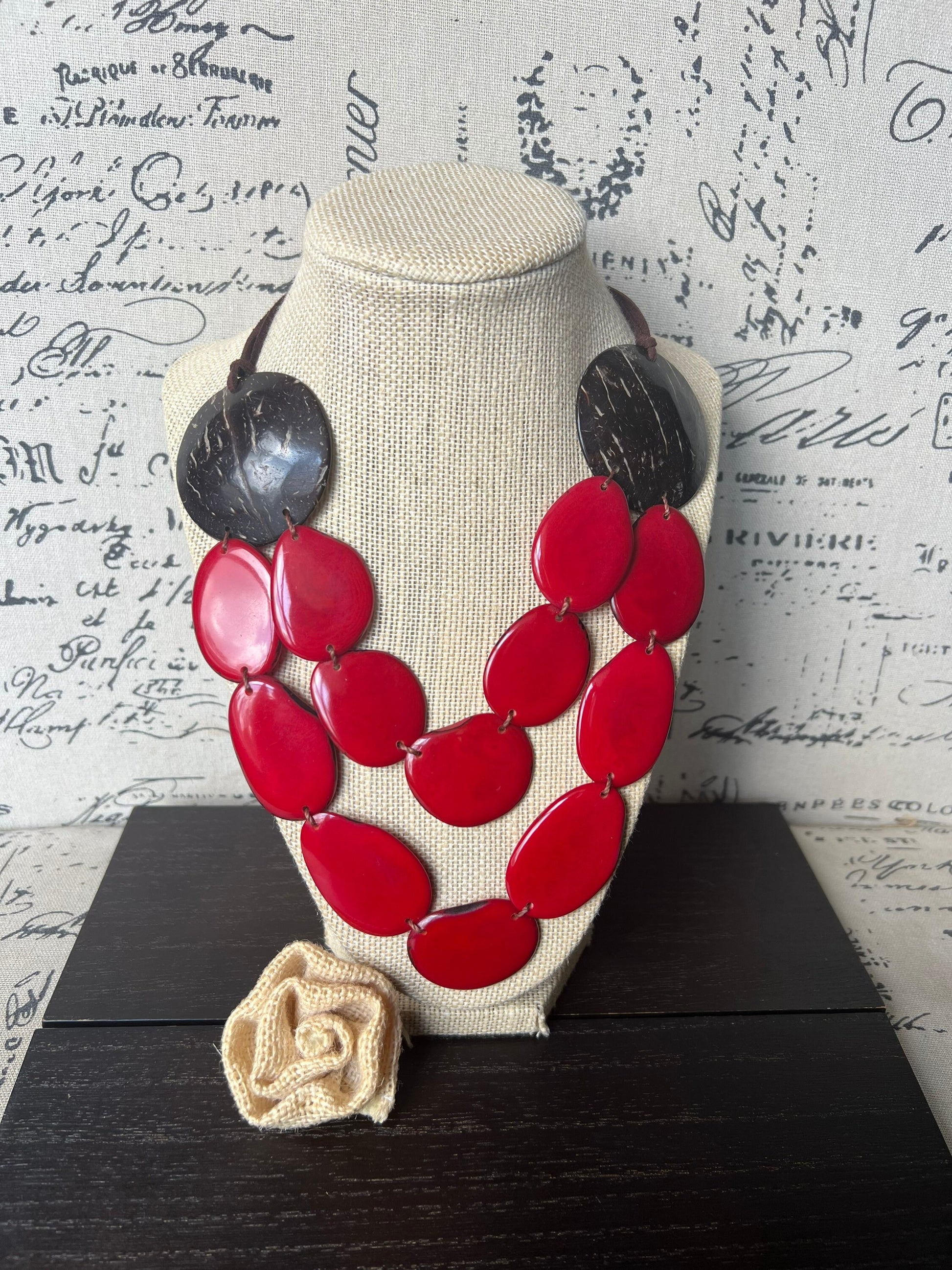 Red statement necklace Tagua jewelry with coconut shell accent Big bold chunky necklace Xmas fashion trends Double layer bib Lightweight