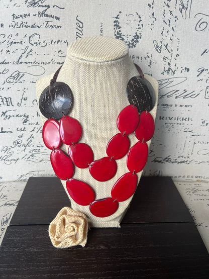 Red statement necklace Tagua jewelry with coconut shell accent Big bold chunky necklace Xmas fashion trends Double layer bib Lightweight
