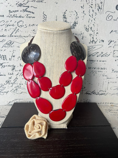 Red statement necklace Tagua jewelry with coconut shell accent Big bold chunky necklace Xmas fashion trends Double layer bib Lightweight