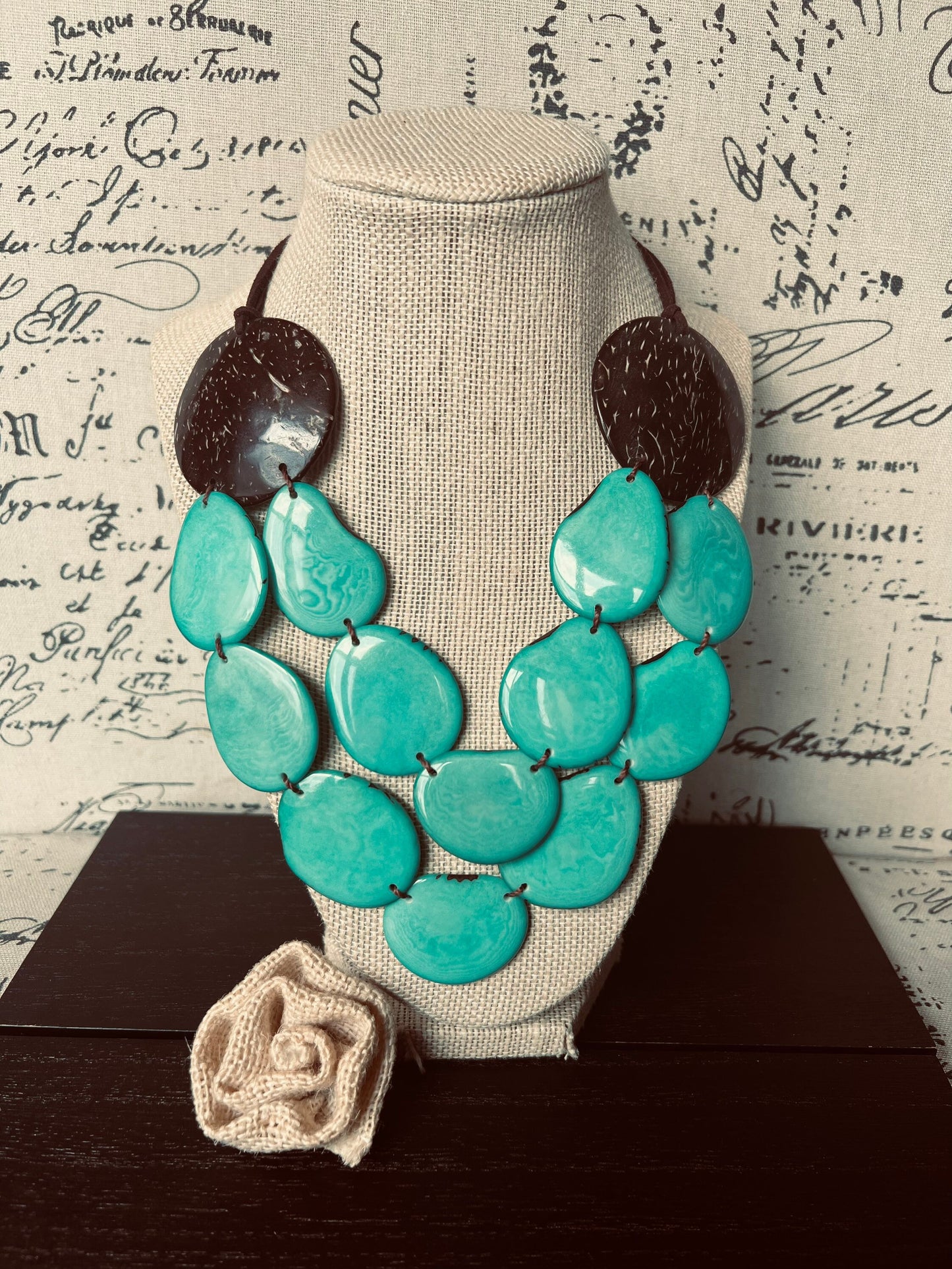 Turquoise green statement necklace Tagua jewelry with coconut shell accent Big bold chunky necklace Fall fashion trends Double layer bib