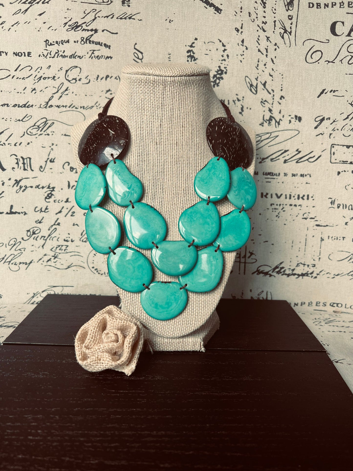 Turquoise green statement necklace Tagua jewelry with coconut shell accent Big bold chunky necklace Fall fashion trends Double layer bib