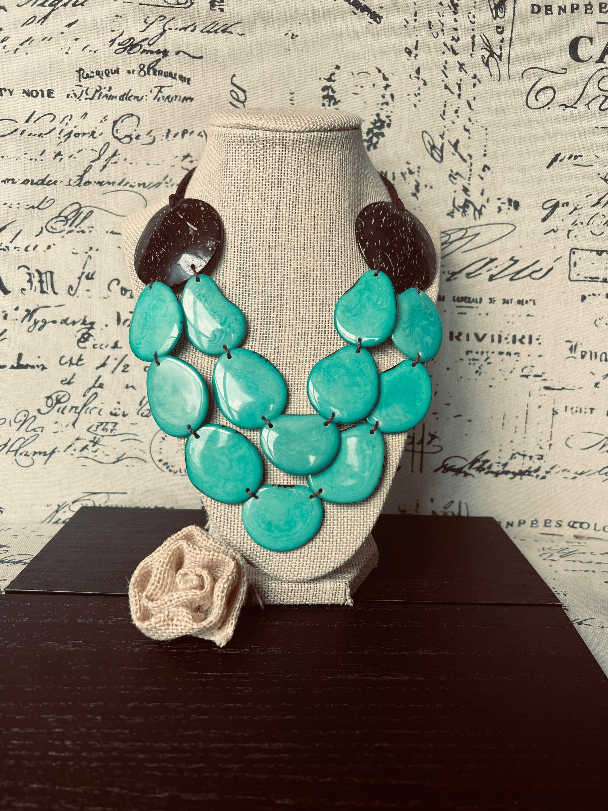 Turquoise green statement necklace Tagua jewelry with coconut shell accent Big bold chunky necklace Fall fashion trends Double layer bib