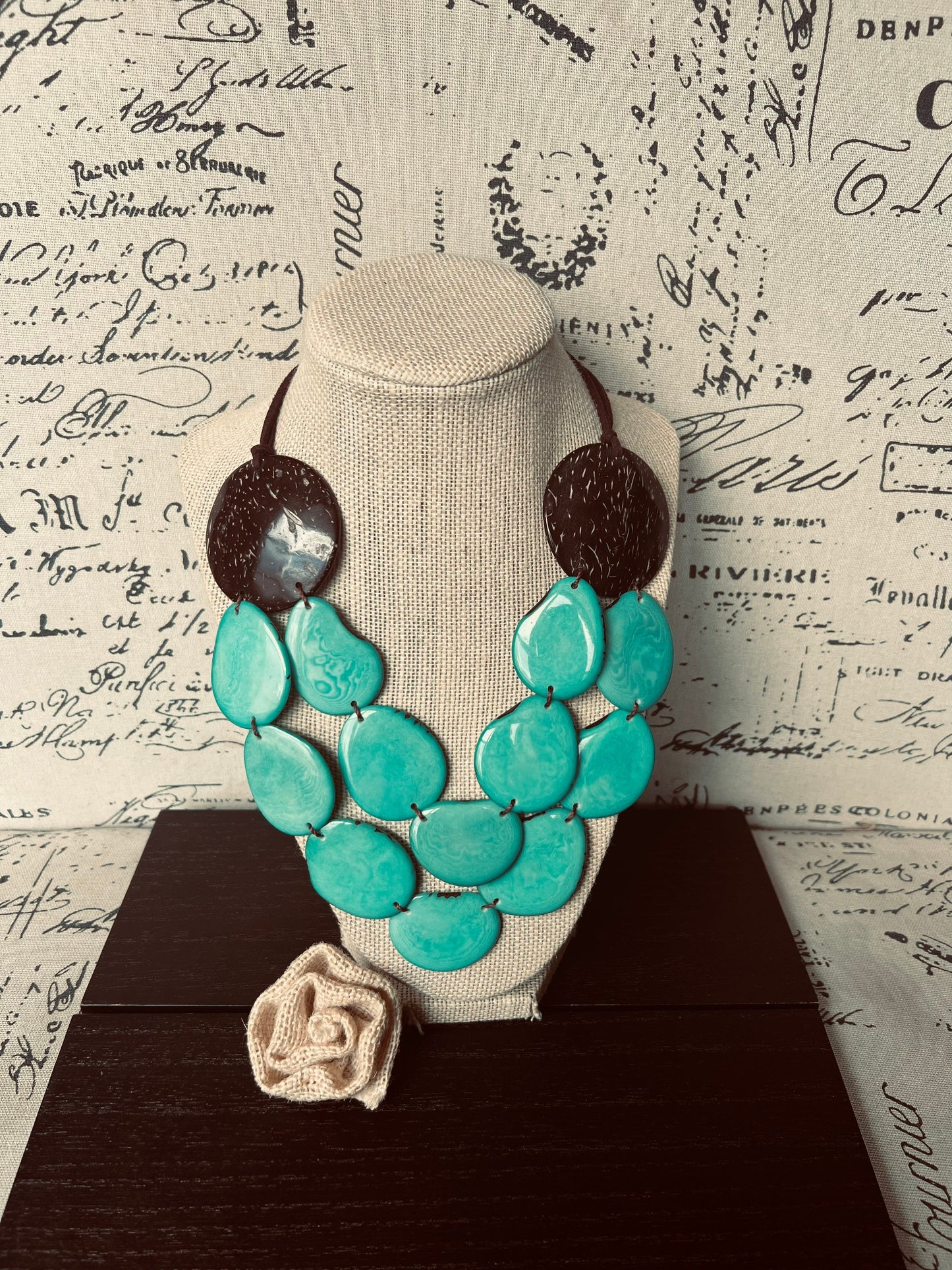 Turquoise green statement necklace Tagua jewelry with coconut shell accent Big bold chunky necklace Fall fashion trends Double layer bib