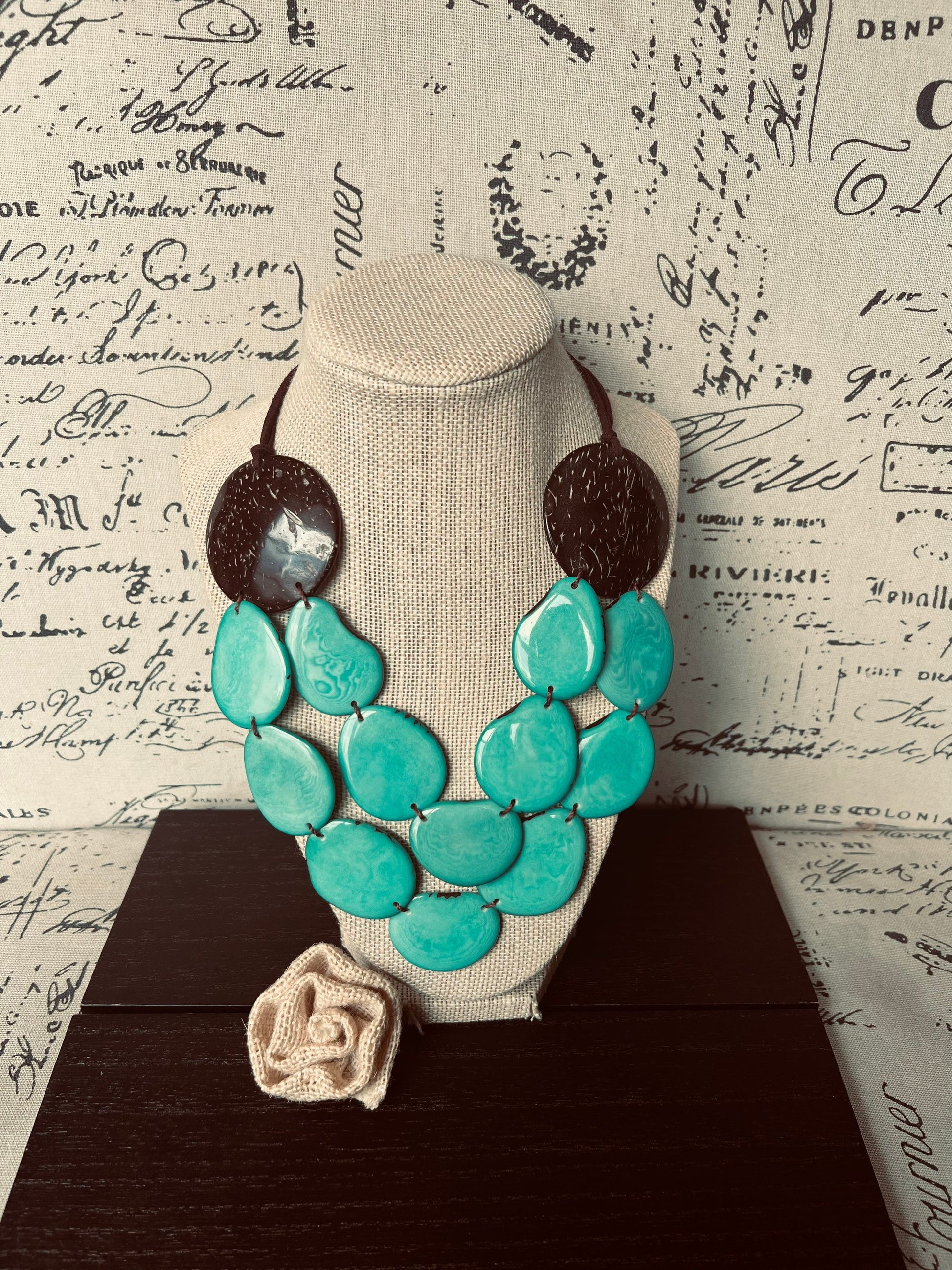 Turquoise green statement necklace Tagua jewelry with coconut shell accent Big bold chunky necklace Fall fashion trends Double layer bib