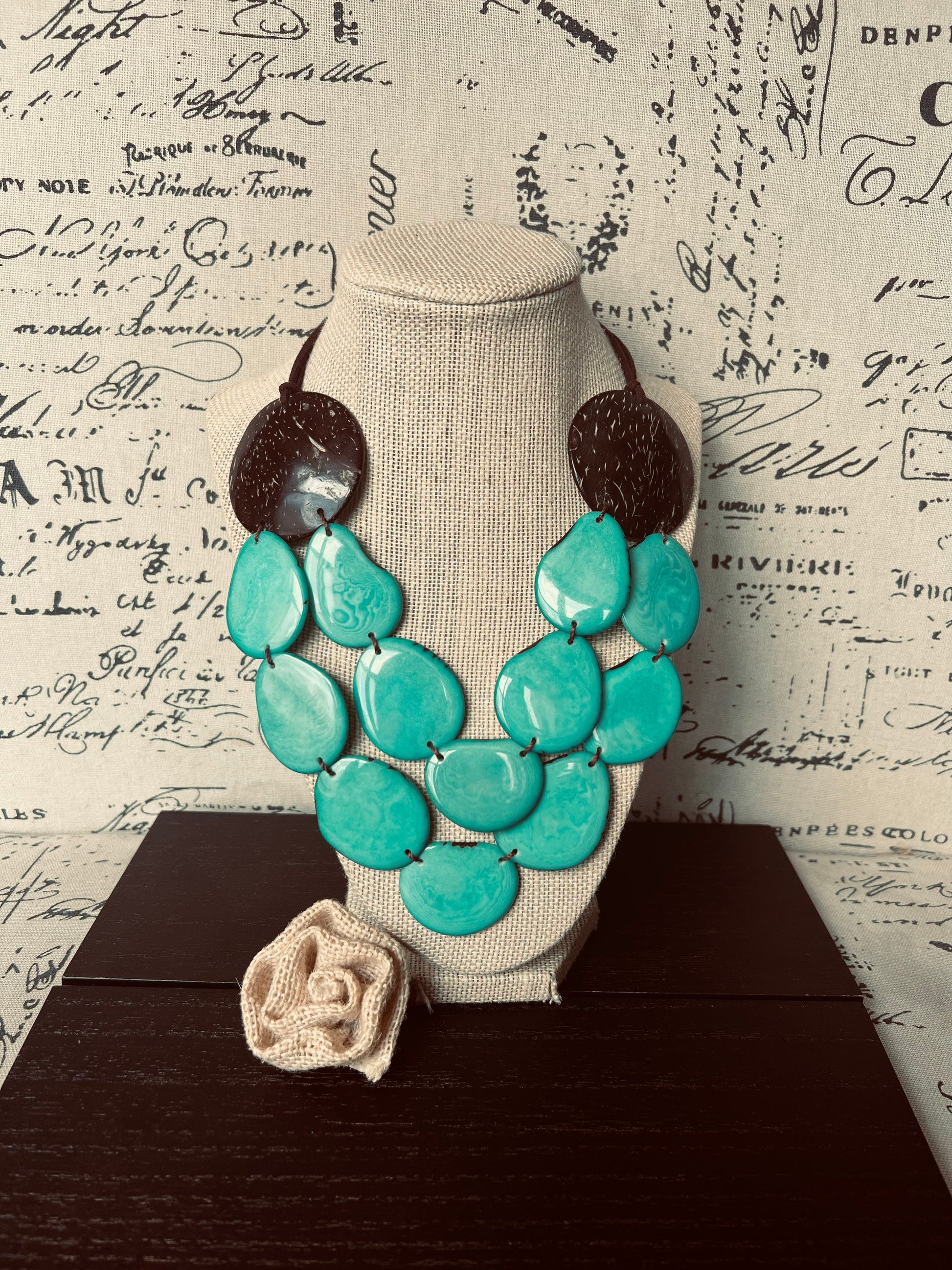 Turquoise green statement necklace Tagua jewelry with coconut shell accent Big bold chunky necklace Fall fashion trends Double layer bib