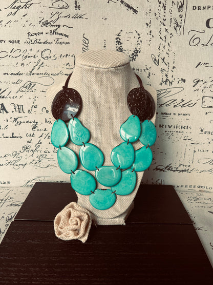 Turquoise green statement necklace Tagua jewelry with coconut shell accent Big bold chunky necklace Fall fashion trends Double layer bib