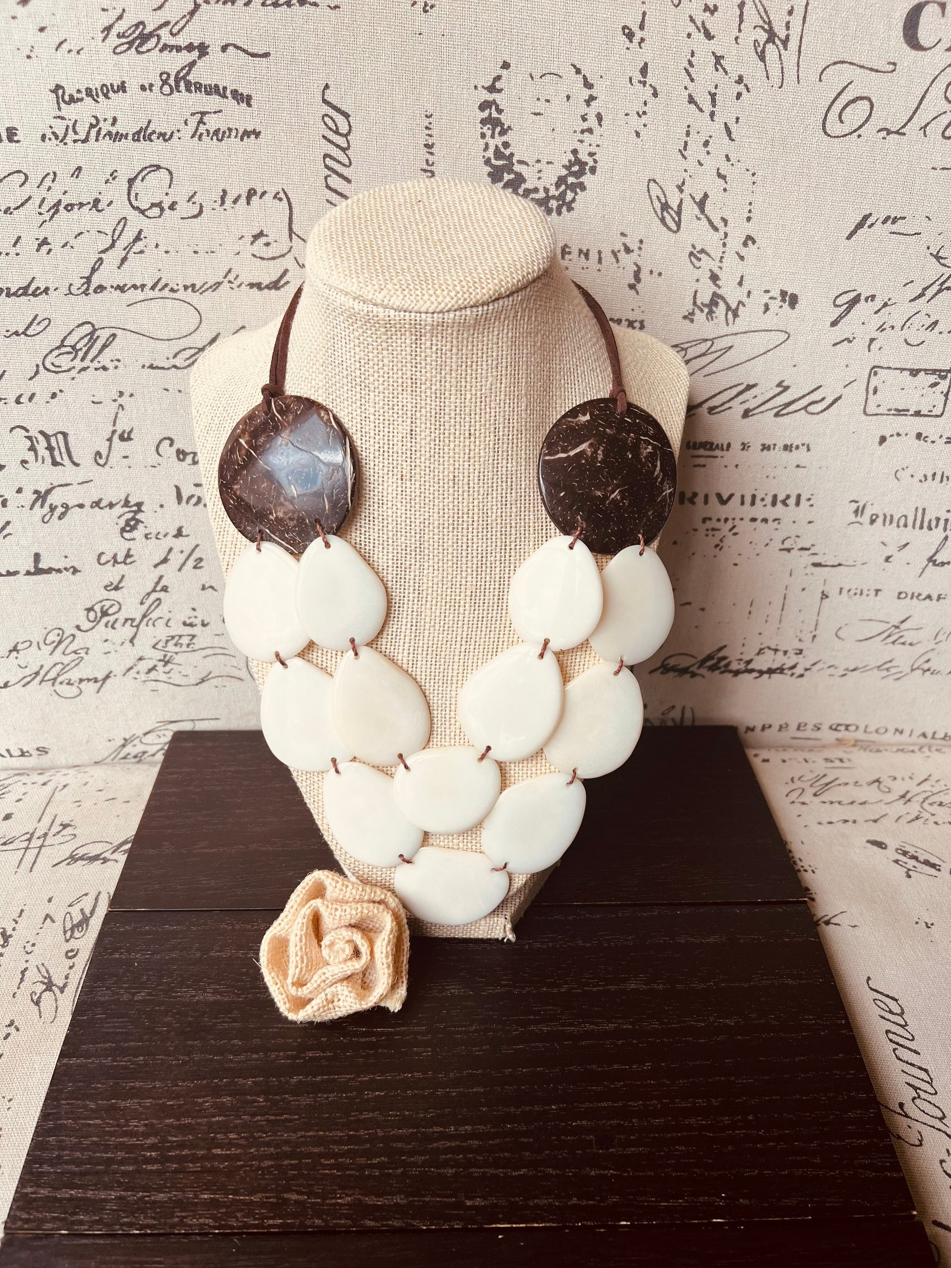 Ivory white statement necklace Tagua jewelry with coconut shell accent Big bold chunky necklace Fall fashion trend Double layer Lightweight