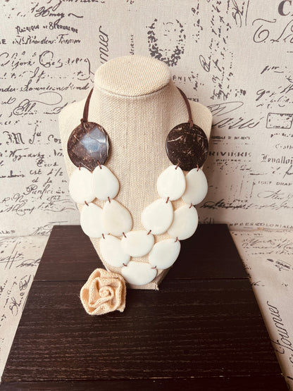 Ivory white statement necklace Tagua jewelry with coconut shell accent Big bold chunky necklace Fall fashion trend Double layer Lightweight