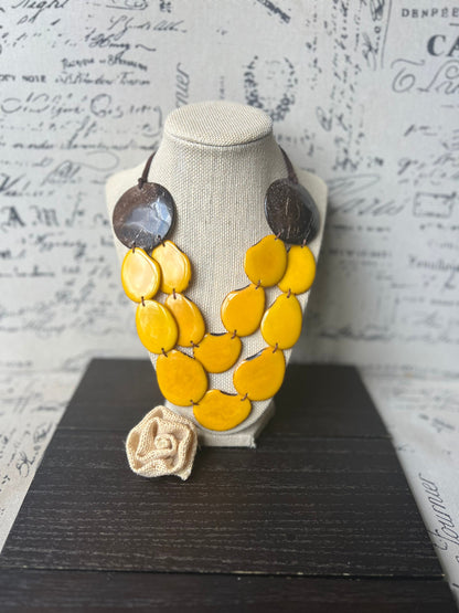 Yellow statement necklace Tagua jewelry with coconut shell accent Big bold chunky necklace Fall fashion trends Double layer bib Lightweight