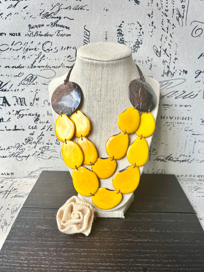 Yellow statement necklace Tagua jewelry with coconut shell accent Big bold chunky necklace Fall fashion trends Double layer bib Lightweight