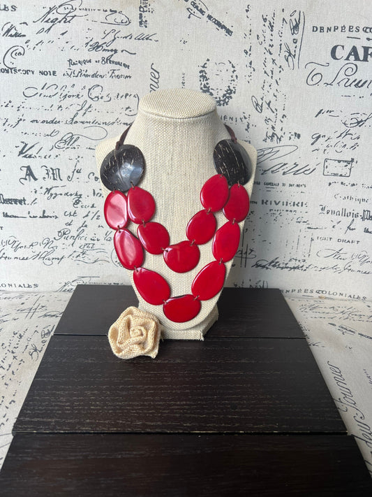 Red statement necklace Tagua jewelry with coconut shell accent Big bold chunky necklace Xmas fashion trends Double layer bib Lightweight