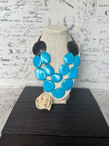 Turquoise blue statement necklace Tagua jewelry with coconut shell accent Big bold chunky necklace Beach fashion Double layer Lightweight