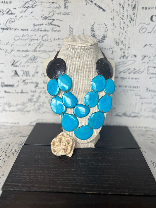 Turquoise blue statement necklace Tagua jewelry with coconut shell accent Big bold chunky necklace Beach fashion Double layer Lightweight