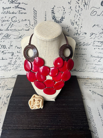 Red Tagua necklace with coconut shell accent Statement necklace Layered beaded bib with leather strap Big bold chunky necklace Gift for wife