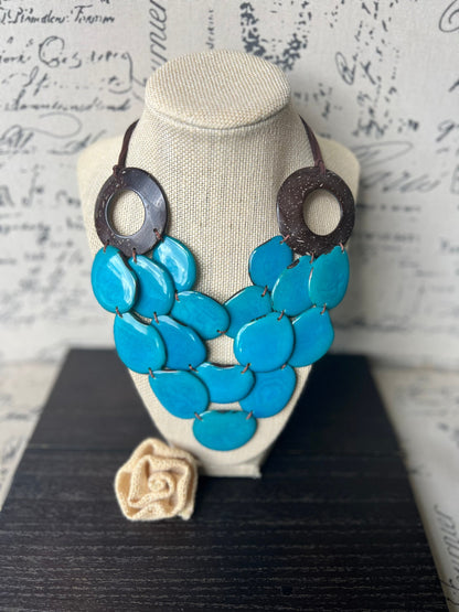 Turquoise blue Tagua necklace with coconut shell accents Statement necklace Layered beaded bib with leather strap Big bold chunky necklace