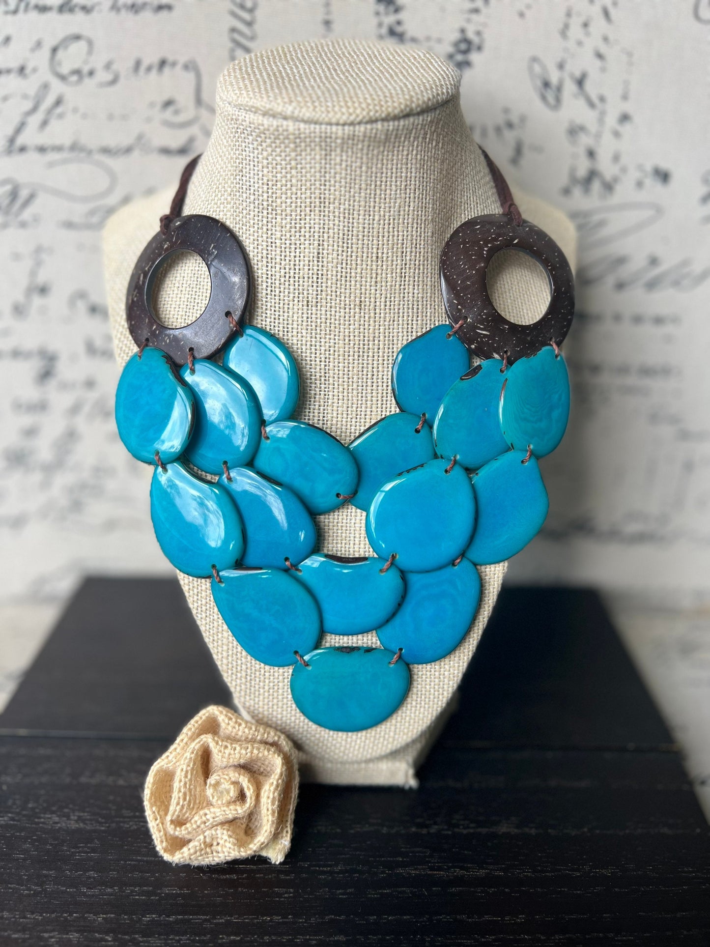Turquoise blue Tagua necklace with coconut shell accents Statement necklace Layered beaded bib with leather strap Big bold chunky necklace