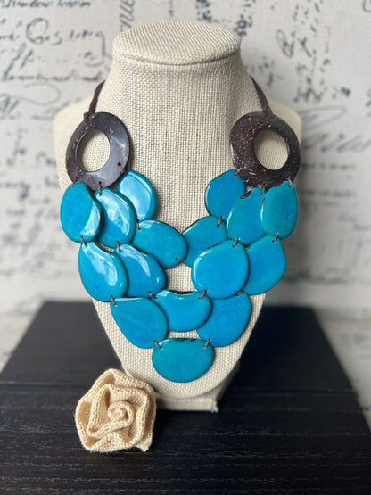 Turquoise blue Tagua necklace with coconut shell accents Statement necklace Layered beaded bib with leather strap Big bold chunky necklace