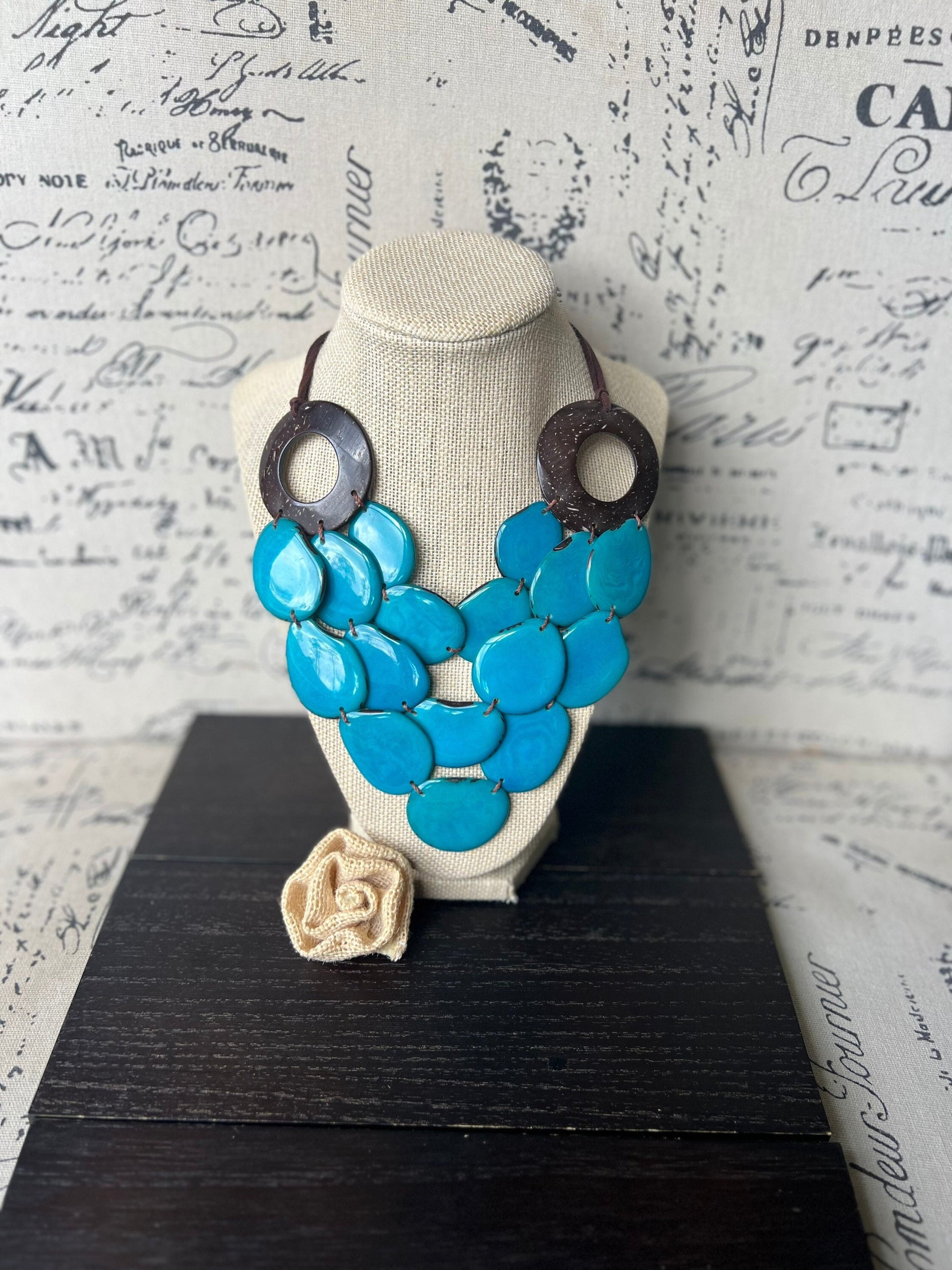 Turquoise blue Tagua necklace with coconut shell accents Statement necklace Layered beaded bib with leather strap Big bold chunky necklace
