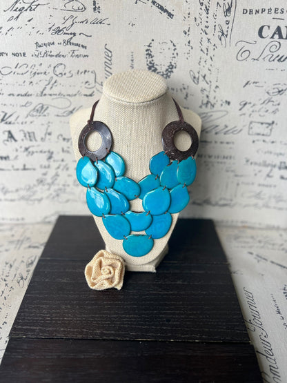 Turquoise blue Tagua necklace with coconut shell accents Statement necklace Layered beaded bib with leather strap Big bold chunky necklace