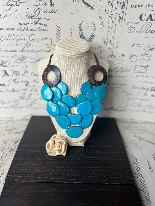 Turquoise blue Tagua necklace with coconut shell accents Statement necklace Layered beaded bib with leather strap Big bold chunky necklace