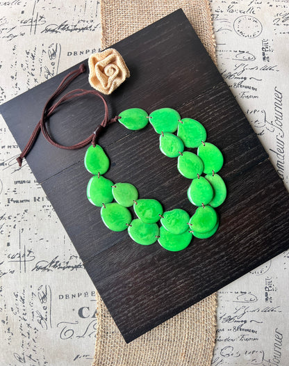 Green statement necklace Tagua jewelry Double layer bib Big bold chunky necklace 2 Two strands adjustable length Cruise beach wear for women