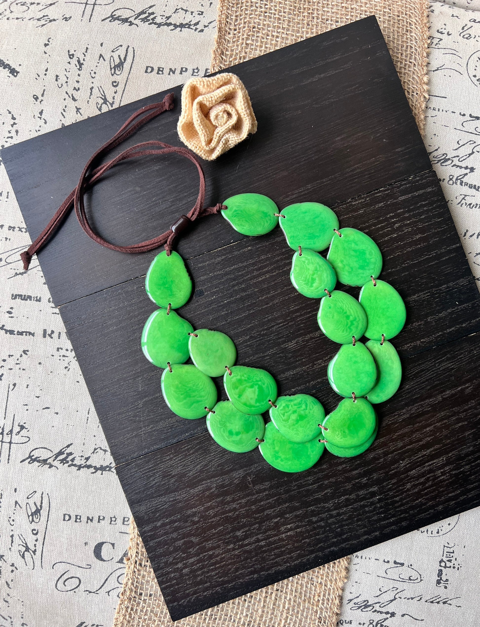 Green statement necklace Tagua jewelry Double layer bib Big bold chunky necklace 2 Two strands adjustable length Cruise beach wear for women