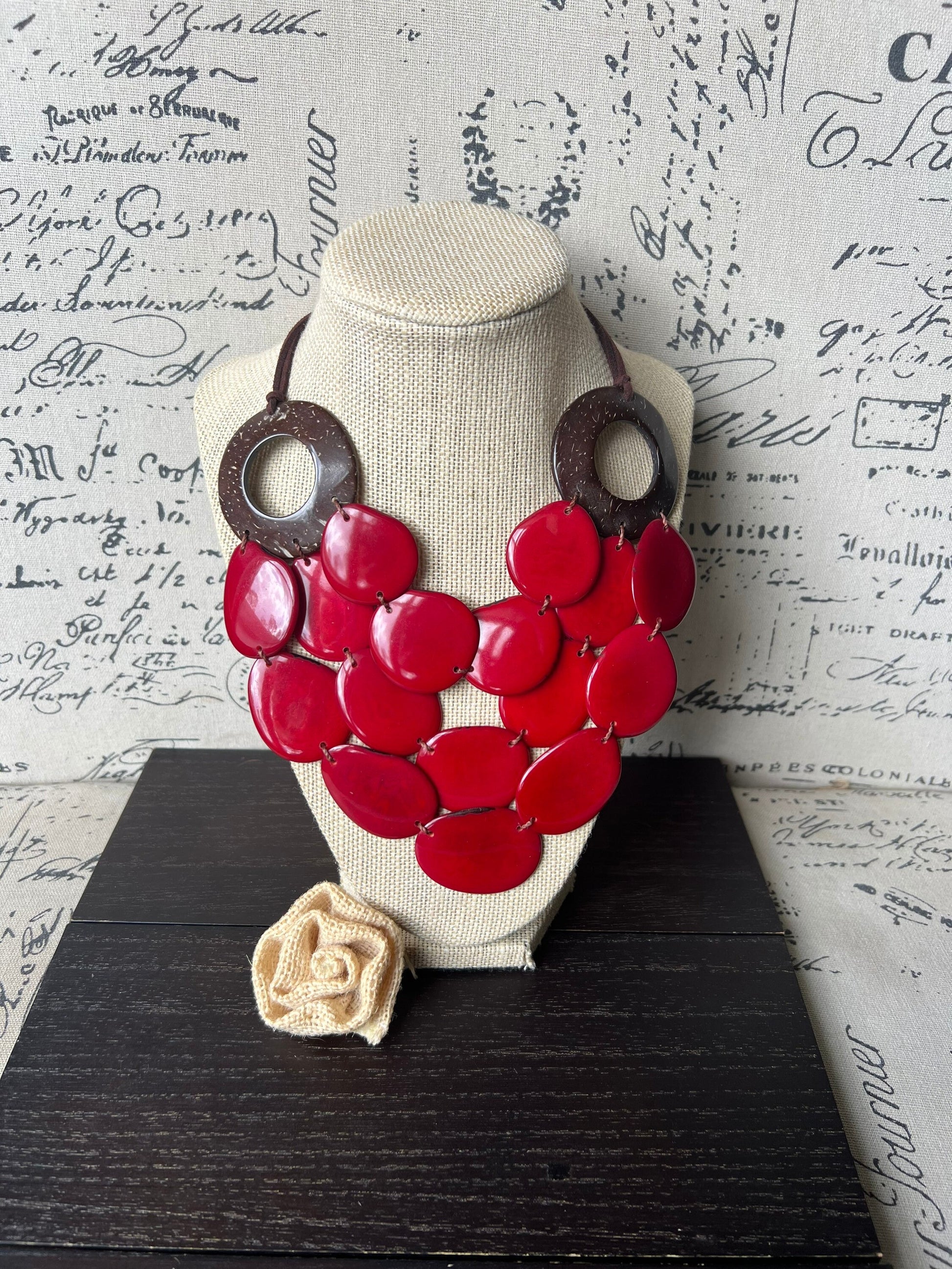 Red Tagua necklace with coconut shell accent Statement necklace Layered beaded bib with leather strap Big bold chunky necklace Gift for wife