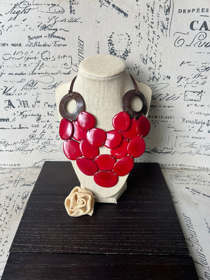Red Tagua necklace with coconut shell accent Statement necklace Layered beaded bib with leather strap Big bold chunky necklace Gift for wife