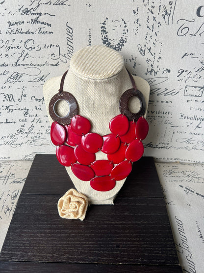 Red Tagua necklace with coconut shell accent Statement necklace Layered beaded bib with leather strap Big bold chunky necklace Gift for wife
